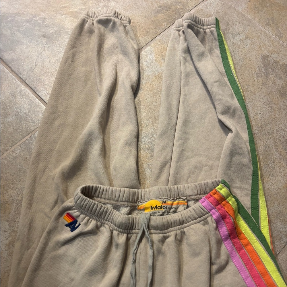 Aviator Nation Beige Joggers with Rainbow Stripes